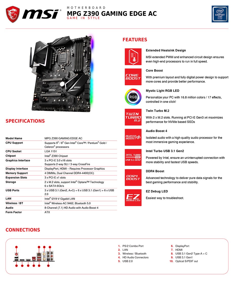 MSI MPG Z390 GAMING EDGE AC LGA 1151-2 ATX Motherboard - Desktop Overview 2