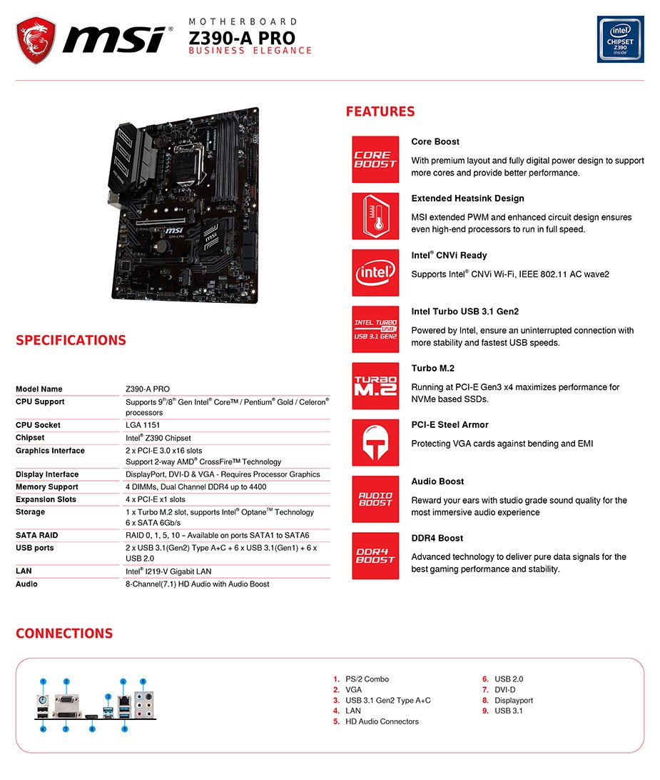 MSI Z390-A PRO LGA 1151 ATX Motherboard - Desktop Overview 2