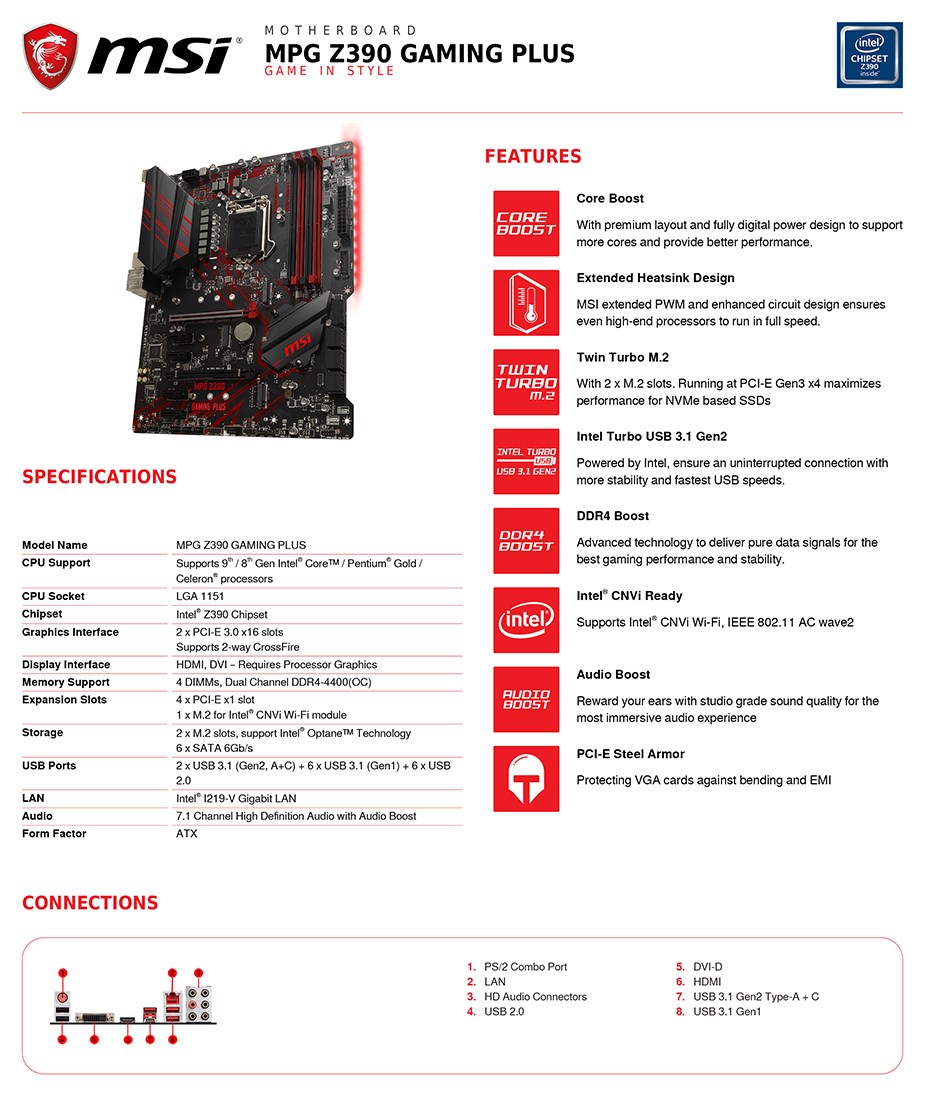 MSI MPG Z390 GAMING PLUS LGA 1151 ATX Motherboard - Desktop Overview 2