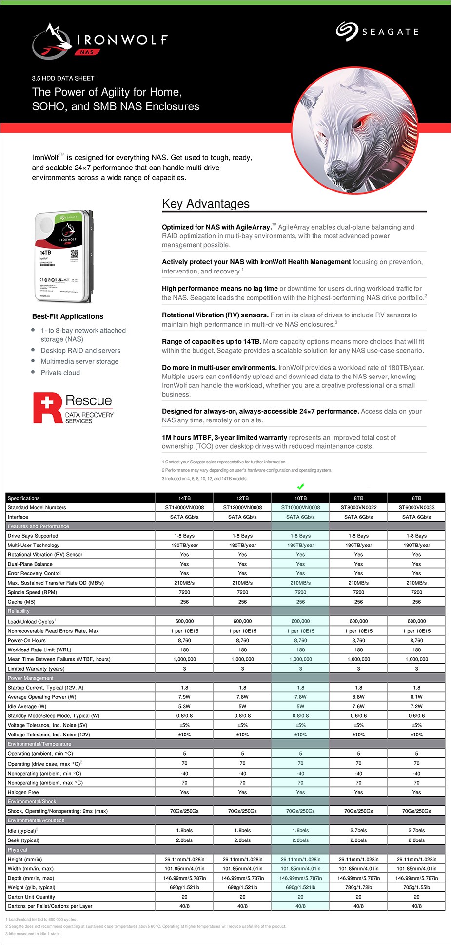 Seagate ST10000VN0008 10TB IronWolf 3.5" SATA3 NAS Hard Drive - Overview 1