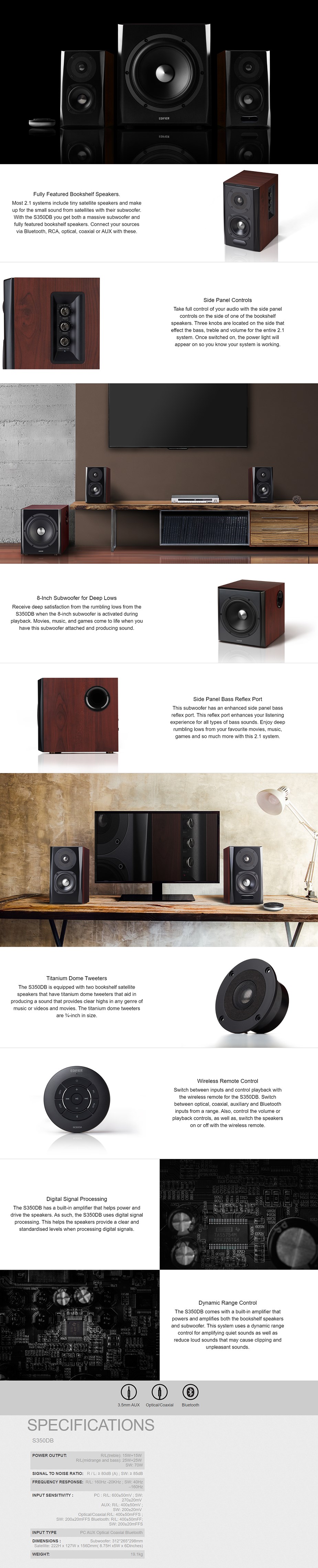 Edifier S350DB 2.1 Bookshelf and Subwoofer Bluetooth Speaker System - Desktop Overview 1